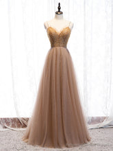 Shop Champagne Tulle Beading Spaghetti Straps Floor Length Prom Dress